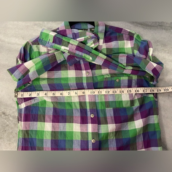 Eddie Bauer Size S Cotton Roll Tab Sleeve Button Down Shirt Green Purple Check - Picture 10 of 12
